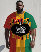 Men's Plus Size Black History Month Letter Red Yellow Green Colorblock Printed T-Shirt Shorts Suit